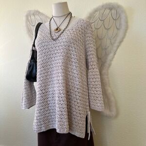 Indie Boho Grunge Crochet Knit Bell Sleeve Tie Side Sweater Oversized Crochet